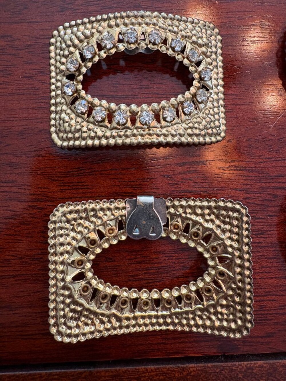 Pair of vintage gold-tone metal shoe buckles w/ ornate design